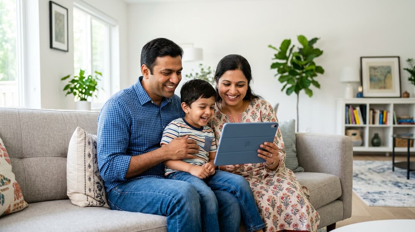 Family managing health records on a tablet